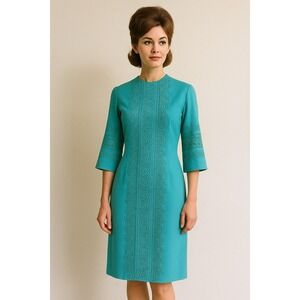 Vtg 60s Embroidered Teal‎ Blue Shift Mod Dress Bell Sleeves 27" Waist  Cottage